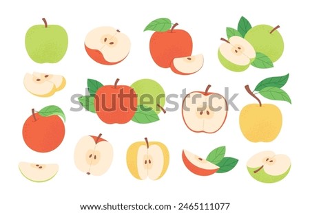 Cartoon apples fruits. Apple slices and whole, fresh garden fruit. Red, green and yellow raw vegan ingredients for pie or jam, racy vector food clipart