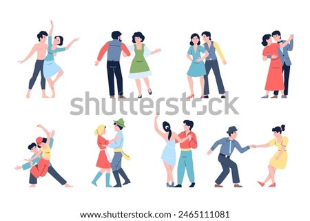 Couple dancing together. Different dancers, modern and ballet, hip hop and traditional dances. People in different costumes, entertainment actors recent vector set