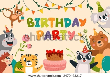 Birthday animal invitation. Children party card design with funny cartoon animals. Panda bear hippo monkey koala, festive cake, classy vector design