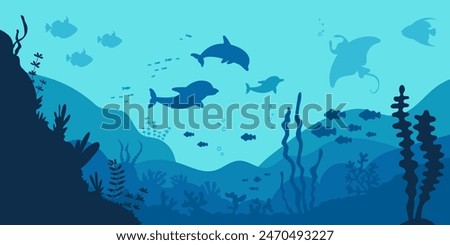 Underwater dolphins. Seaweed, dolphin and fish silhouettes in ocean. Marine fauna and flora, nautical nature and seafloor, classy vector background