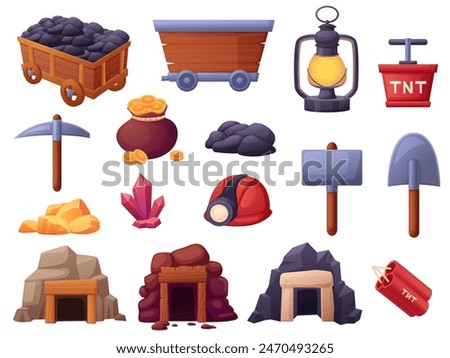 Cartoon mining elements. Mines entrances, coal in wooden trolley, different gem stones. Worker helmet with flashlight and shovel, nowaday vector set