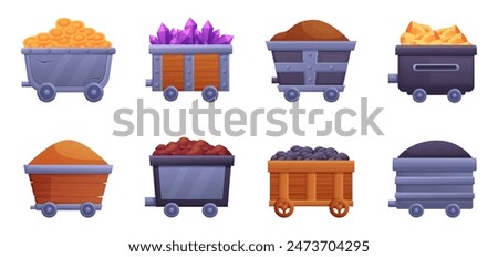 Cartoon mine carts. Different trolleys with coal, gold coins and golden nuggets, gemstones and minerals. Mining industry metal wooden trolleys, nowaday vector set