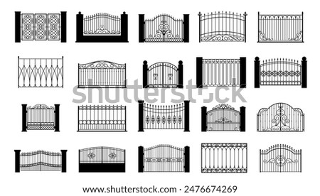 Black ornate fence elements. Isolated decorative fences gates. Ornamental railings for garden terrace or home balcony. Outdoor architecture vector set