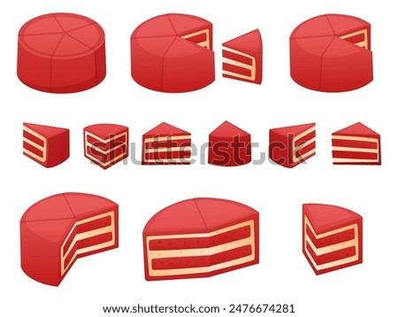 Cake pieces infographics. Sweet dessert piece and full in various view. Infographic elements, half and parts for different business info, nowaday vector set