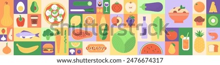 Abstract geometric food in square tiles. Fruits and vegetables. Coffee wine cocktail burger pizza sushi muffin hot dog shrimp noodles racy vector set