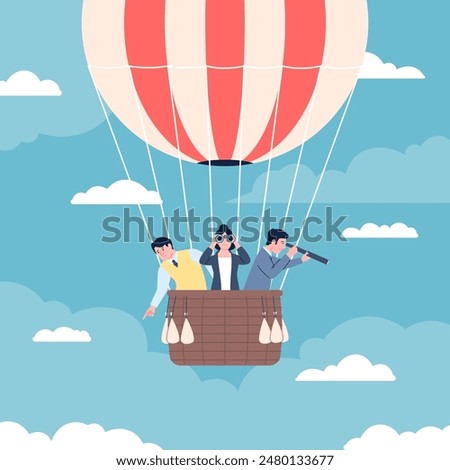 Business people on hot air balloon. Persons searching employers job or vacancy. Creative men women with binoculars and telescope, hunting recent vector concept