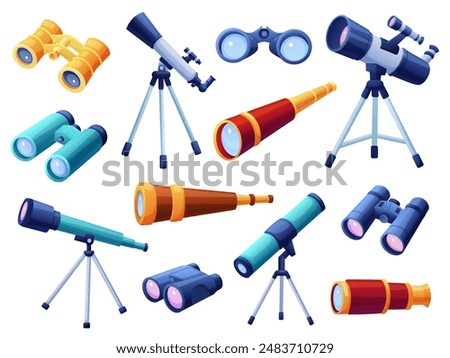 Cartoon binoculars and telescopes. Isolated devices for looking and searching. Astronomy scientist optical device, detective binocular, nowaday vector set