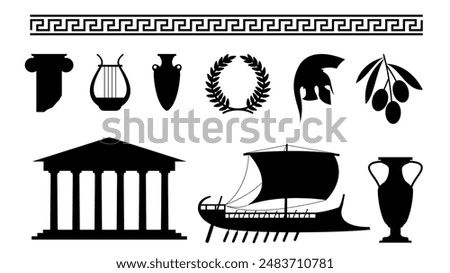 Greek style elements and symbols black silhouettes. Traditional ornament column helmet and antique vases. Greece olives branch, icons vector set