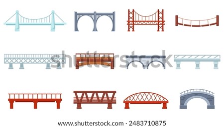 Cartoon bridges. Stone metal wooden bridge for urban and rural architecture. Railway tram span, urban industrial constructions nowaday vector set