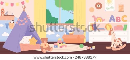 Children room with toys. Nursery interior, vigvam for play. Wooden and plush toy. Kindergarten or preschool, playzone for toddler racy vector scene