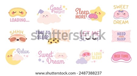 Dreaming masks stickers. Sleeping accessories and text, sleep prints for bed time. Children decorative design for pajama and t-shirt, racy vector set