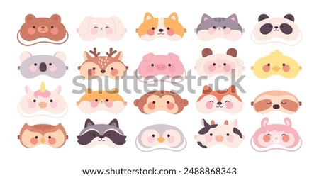 Animal dreaming masks. Children sleep mask, cartoon mascots. Travel night accessories. Bear pig unicorn panda fox faces, racy vector trip clipart