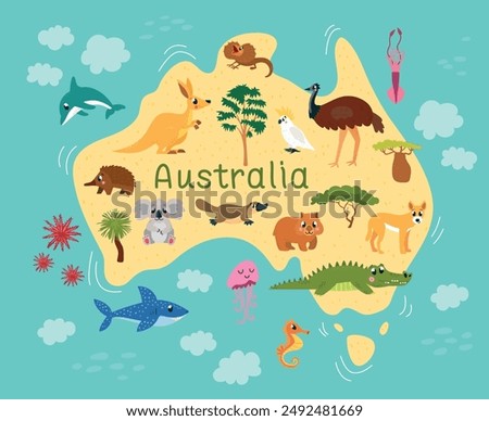 Australian animals map. Australia fauna, ocean and wild animal and birds. Children poster with continent, mammals and underwater life, classy vector design