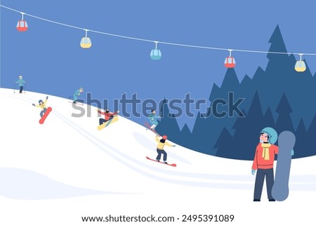 Snowboarding character. Little boy with snowboard equipment looking on people on mountain. Winter sport activities, skiing on nature, vector scene