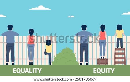 Equality and equity concept. People look over fence from different positions. Human social rights and equal, respective opportunities, recent vector scene