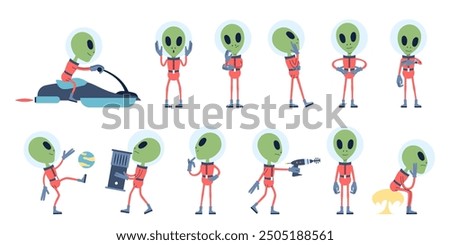 Aliens characters. Ufo people, cartoon flat alien in spacesuit. Creature thinking, riding playing ball standing and hold blaster, recent vector set