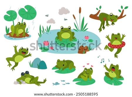 Cartoon frog. Green frogs on pond or swamp. Toads in love, sleeping singing swimming. Happy cute childish mascots, amphibian classy vector characters