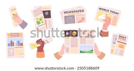 Hand with newspaper. People reading daily or weekly news in periodical press. Media publications, paper newspapers, journals racy vector clipart