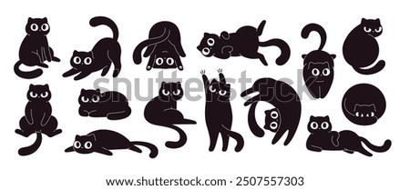 Cartoon black cats. Funny fat cat in different poses and situations. Isolated flat wall stickers design, crazy kitty characters. Adorable racy vector kittens