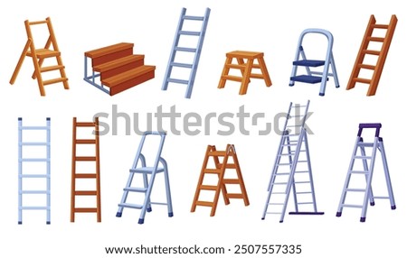 Cartoon ladders. Metal and wooden ladder for household works and repair. Aluminium staircase, home renovation and garden equipment, nowaday vector set