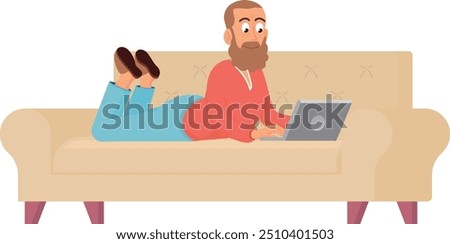 Happy middle age man lay on sofa with laptop