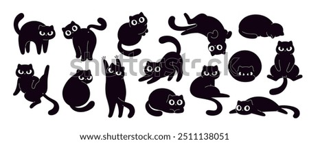 Funny black cats. Isolated crazy cat in different poses. Cute kitty angry hunting hiding sleeping and washing. Children stickers racy vector clipart