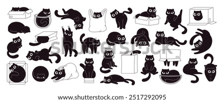 Black cats play with cardboard boxes plastic and shopping bags. Cat is misbehaving and playing around, crazy funny fluffy kittens racy vector clipart