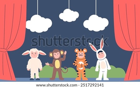 Kids theater scene. Cute children in animal costumes, childish theatre performance. Toddlers actors on stage with curtains, recent vector scene