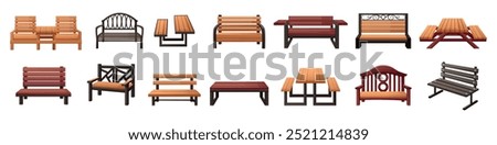 Garden benches. Wooden wicker furniture for outdoor resting, picnic and barbeque public park zones. Cartoon benches with tables, nowaday vector set