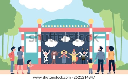 Kids in street theater. Little actors and audience. Children wear animal costumes, outdoor entertainment. Weekend time, toddlers and adults recent vector scene