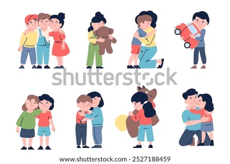 Children hugs. Kids hugging mother father toys and friends. Little toddlers friendship, good kind emotionality characters. Help love support recent vector characters