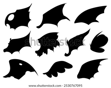 Black dragon wings silhouette. Isolated wing of dragons fairy lady butterfly. Flying elements for tattoo logo decoration design, nowaday vector set