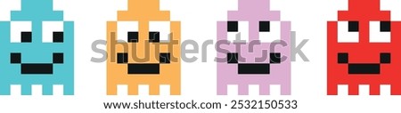 Four different colored Pac-Man characters with smiling faces