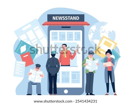 Online newspaper store. Smartphone app with daily news. People buying and reading digital magazines and newspapers, flat recent vector concept