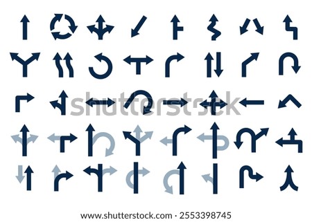 Road arrows. Navigation arrow for traffic, direction marks and routs. Black location points, trail signs turning straight right left, recent vector set