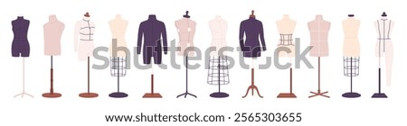 Tailor mannequins. Dummies sewing for male and female. Mannequin model, full body and torso. Equipment for dressmakers, designer, textile manufactures, racy vector set