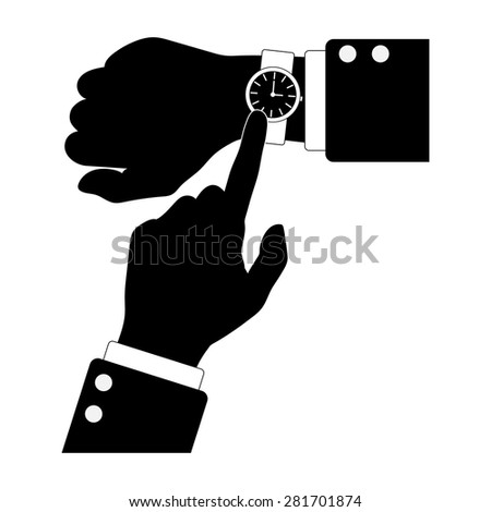 Silhouette of hands with watch. Smart watch on right hand icon, arms pointing on time. Time is money. Vector illustration black and white