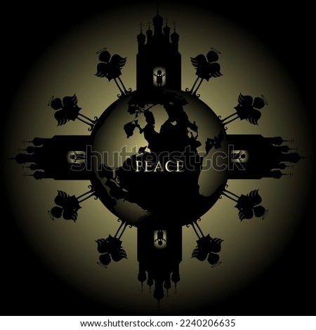 An Orthodox church with domes and crosses with a silhouette of a girl with pigtails in the doorway and black silhouettes of angels stand on the globe of the earth. The world in harmony concept. 