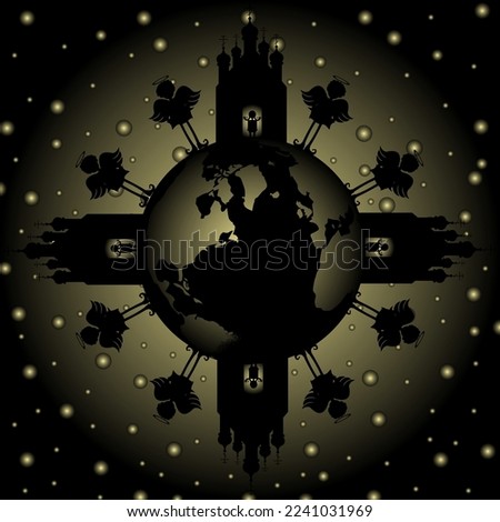 An Orthodox church with domes and crosses with a silhouette of a girl with pigtails in the doorway and black silhouettes of angels stand on the globe of the with stars. The world in harmony concept. 