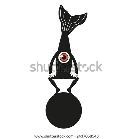 Surrealistic black and white Art. Sur abstract Fishtail statue on Circle isolated white background. Vector illustration can used t-shirt print interior design. EPS 10 Editable stroke