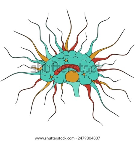 The Brain and Brain Connections isolated white background. Funky design t-shirt print for child prodigy. Groovy vector illustration. Editable stroke. EPS 10