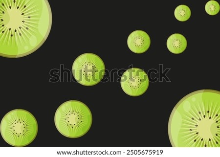 Kivi background. Juicy color Kivi slices backdrop isolated black. Bright vector illustration can used kitchen background web banner. EPS 10