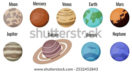 Set of vector Planets isolated transparent background. Moon, Mercury, Venus, Earth, Mars, Jupiter, Saturn, Uranus and Neptune collection. EPS 10