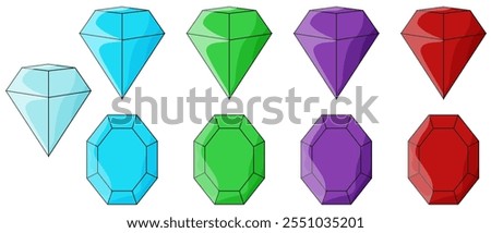 Set flat style precious stones template design isolated white. Collection of faceting diamond topaz emerald ruby. Vector illustration. EPS10