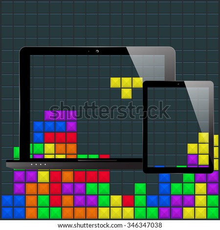 Black laptop and tablet pad with screen saver. Old game design background. Vector illustration.