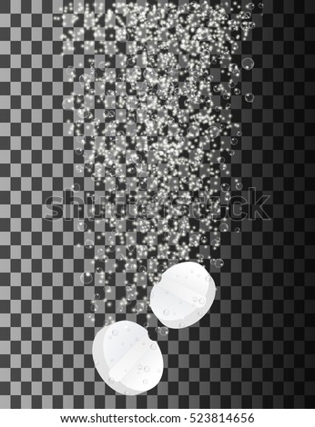 Soluble pill on transparent background. Two dissolving tablets. Effervescent tablet. Vitamin C. Vector illustration.