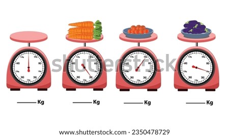 Analog scale. Carrot, tomato, brinjal weight scale. isolated on white background. simple kitchen scale. vector illustration. measuring Analog scale clip art.