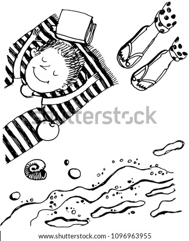 Doodle vector illustration about summer and sea for coloring book. Little smiles boy lies on the beach near the sea. Top view.