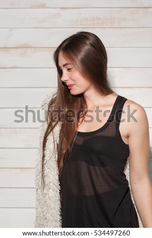 Young Woman Standing In Night Dress Side View Beautiful Lady Preparing For Sleep Wearing Young Woman Standing In Night Dress Side View Beautiful Lady Preparing For Sleep Wearing