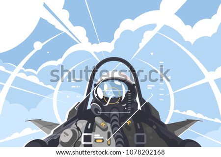 Fighter pilot in cockpit. Combat aircraft on mission. Vector illustration